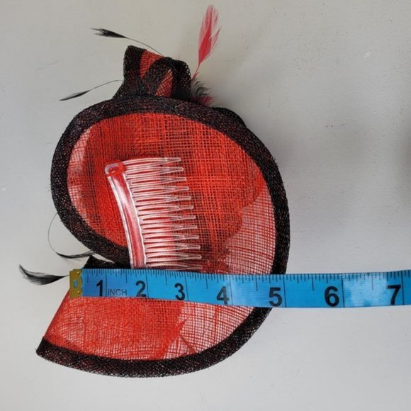 Red and Black Comb Fascinator With Sinamay Rosettes and Black Feathers - Picture 8 of 12